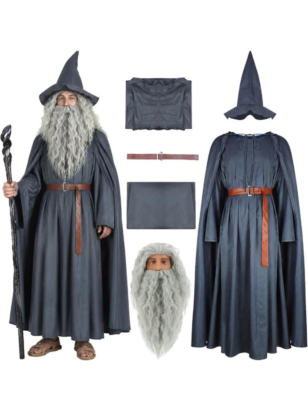 Adult Wizard Costume with Wig, Grey Cloak, Hat & Cape - Sorcerer Halloween